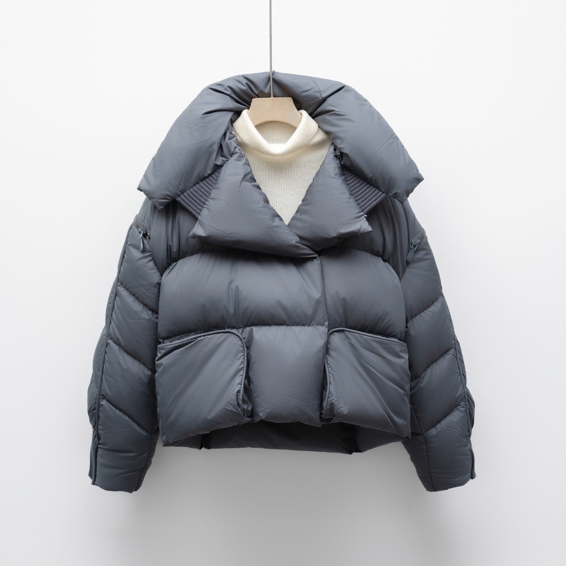 Korean - style Knitted Patchwork Large Lapel Short Down Jacket For Women - L'atelier D'or