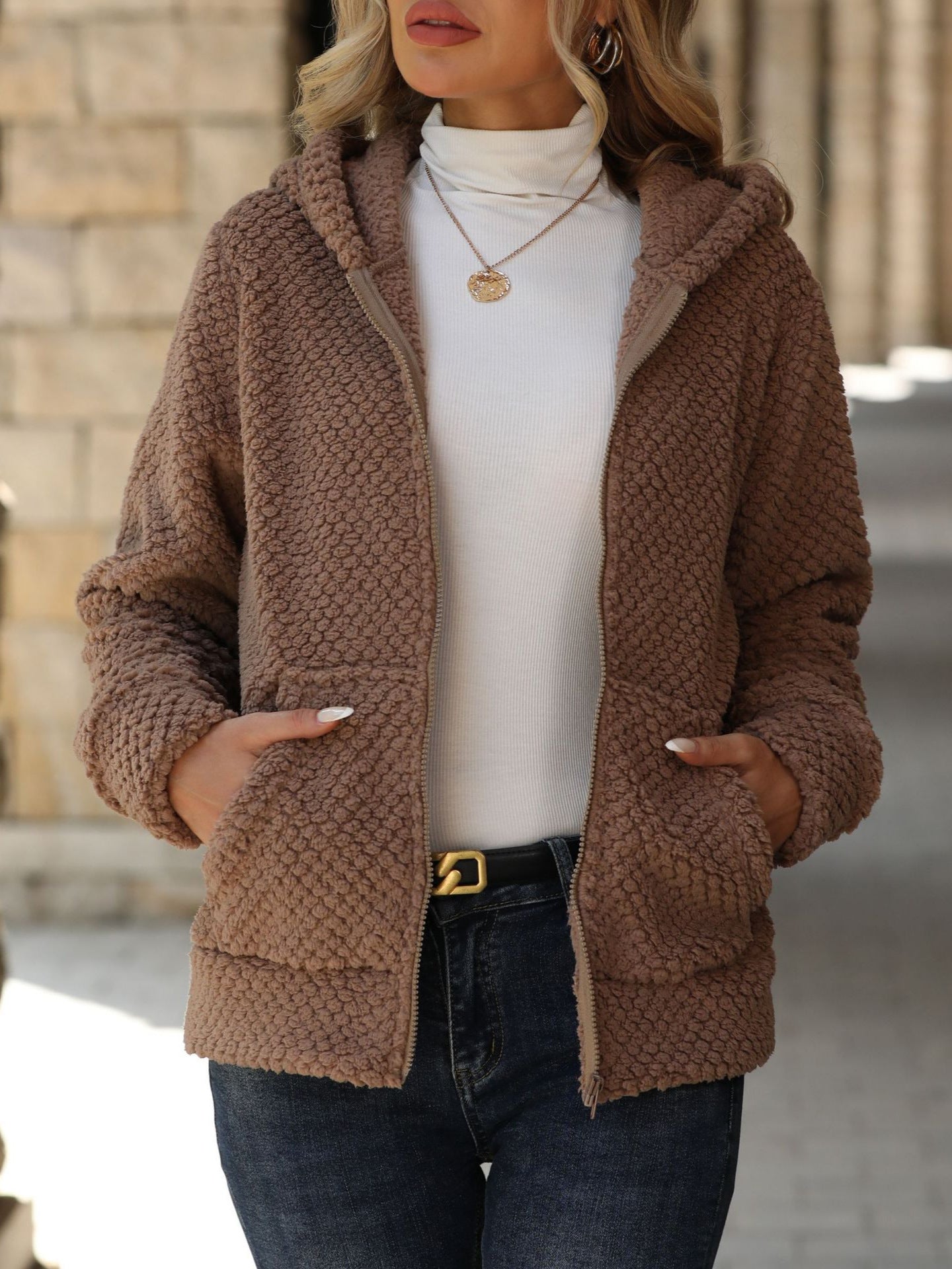 Women's Autumn And Winter Loose Pocket Hooded Zipper Plush Jacket - L'atelier D'or