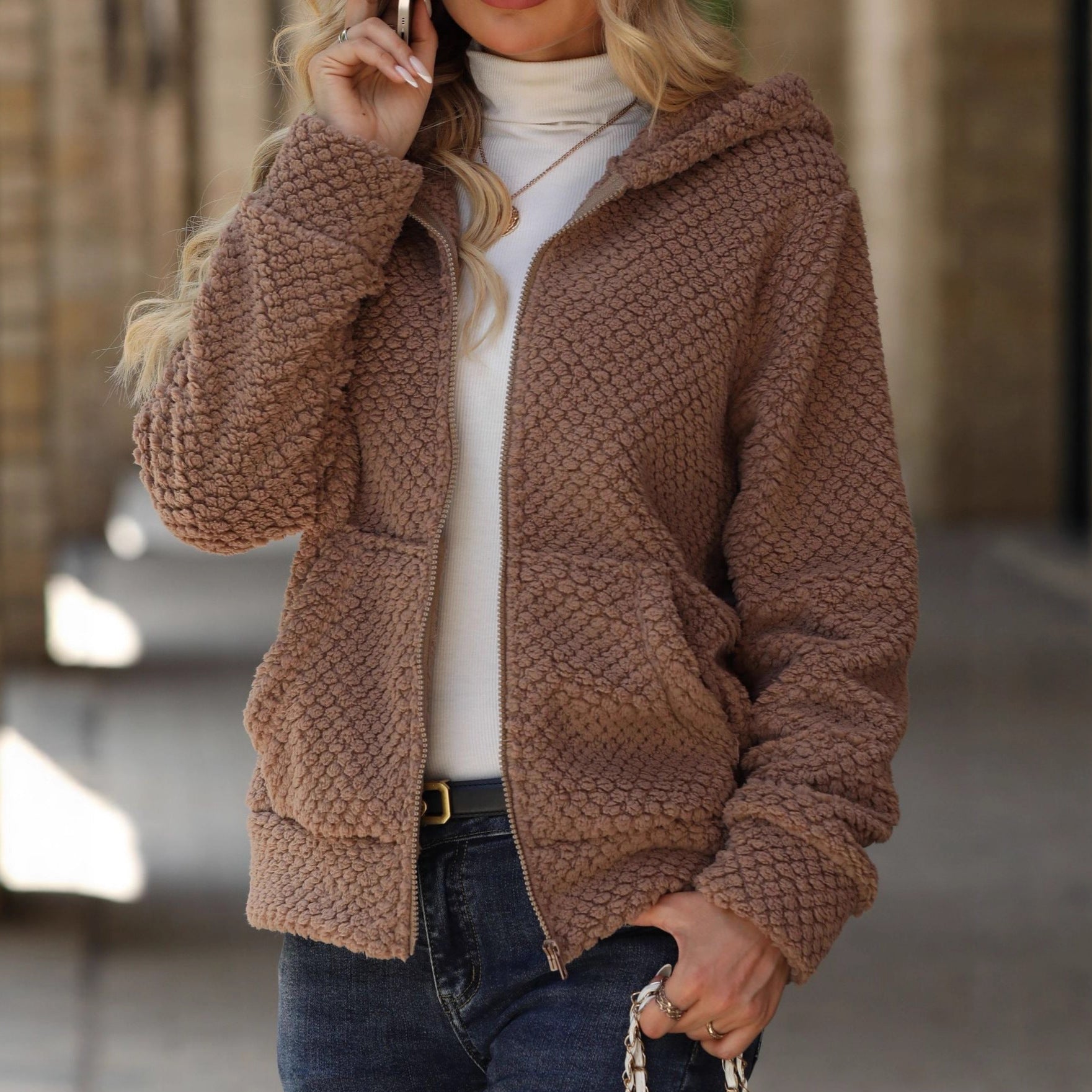 Women's Autumn And Winter Loose Pocket Hooded Zipper Plush Jacket - L'atelier D'or