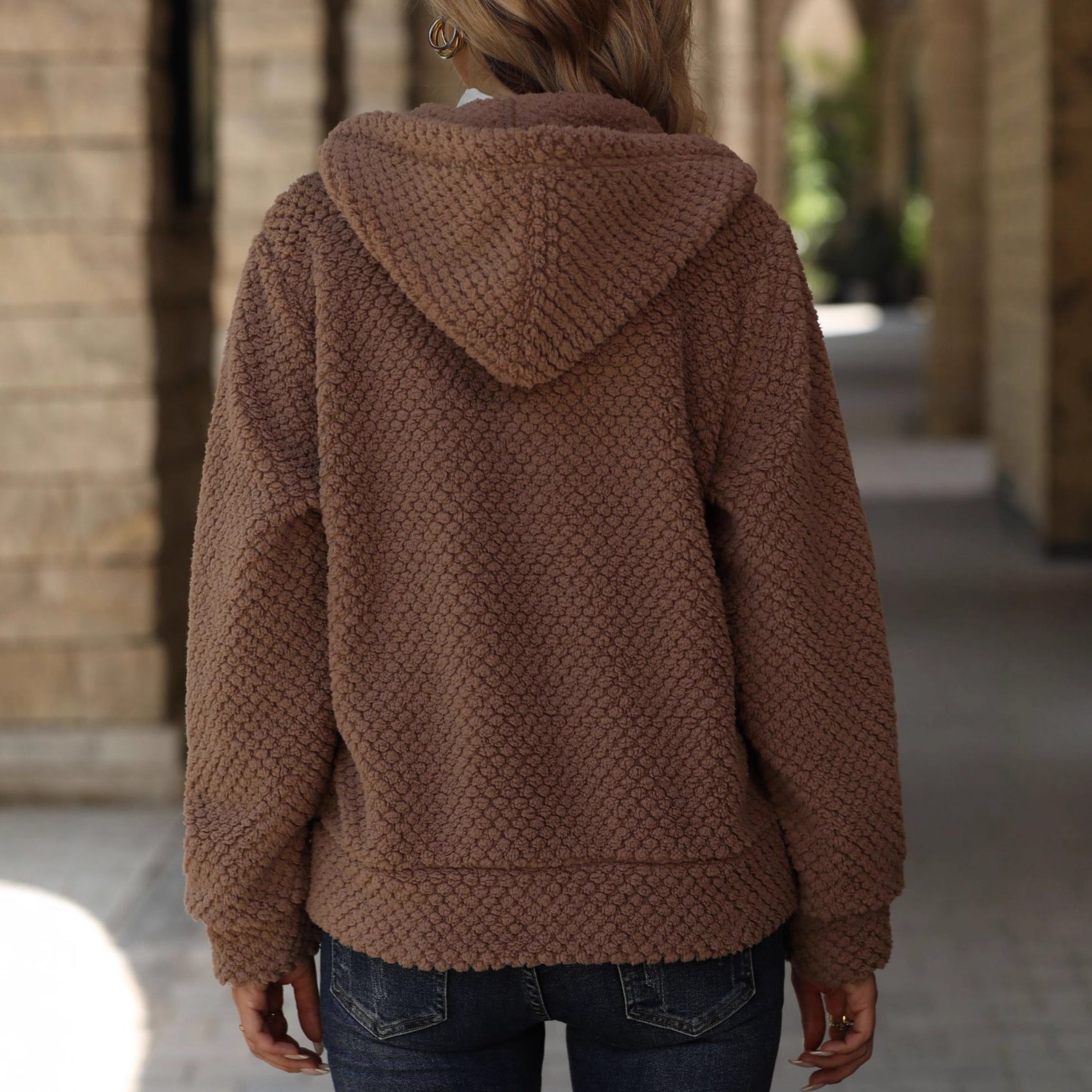 Women's Autumn And Winter Loose Pocket Hooded Zipper Plush Jacket - L'atelier D'or