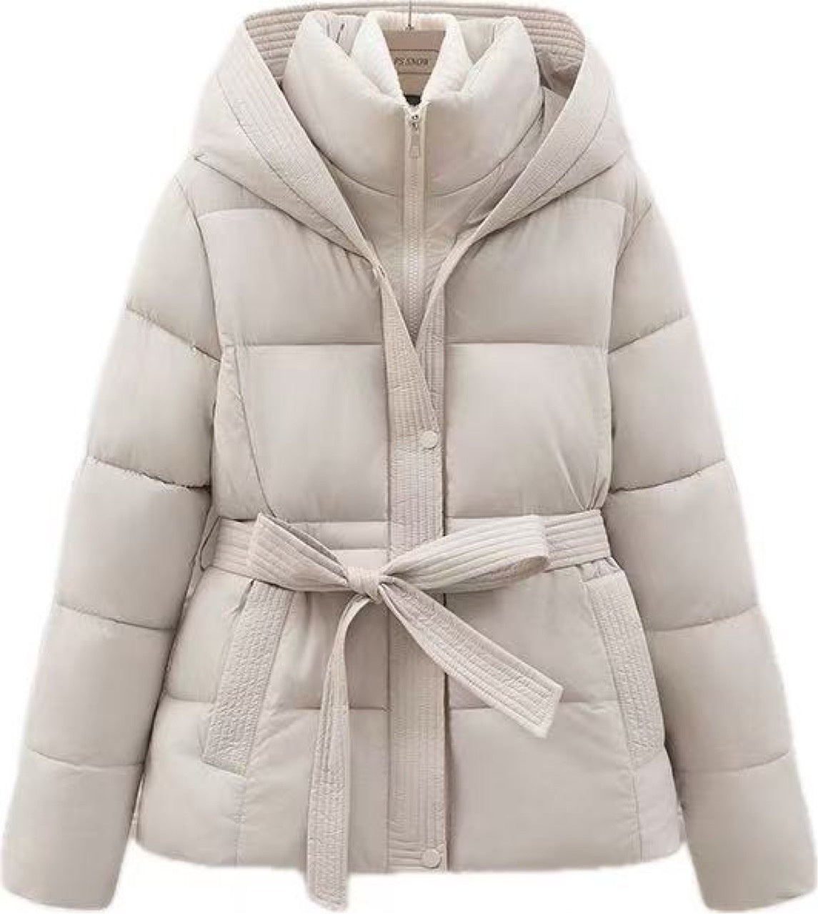 Women's Short Waist - cinching Slim - fit Hooded Tie - front Warm Coat - L'atelier D'or