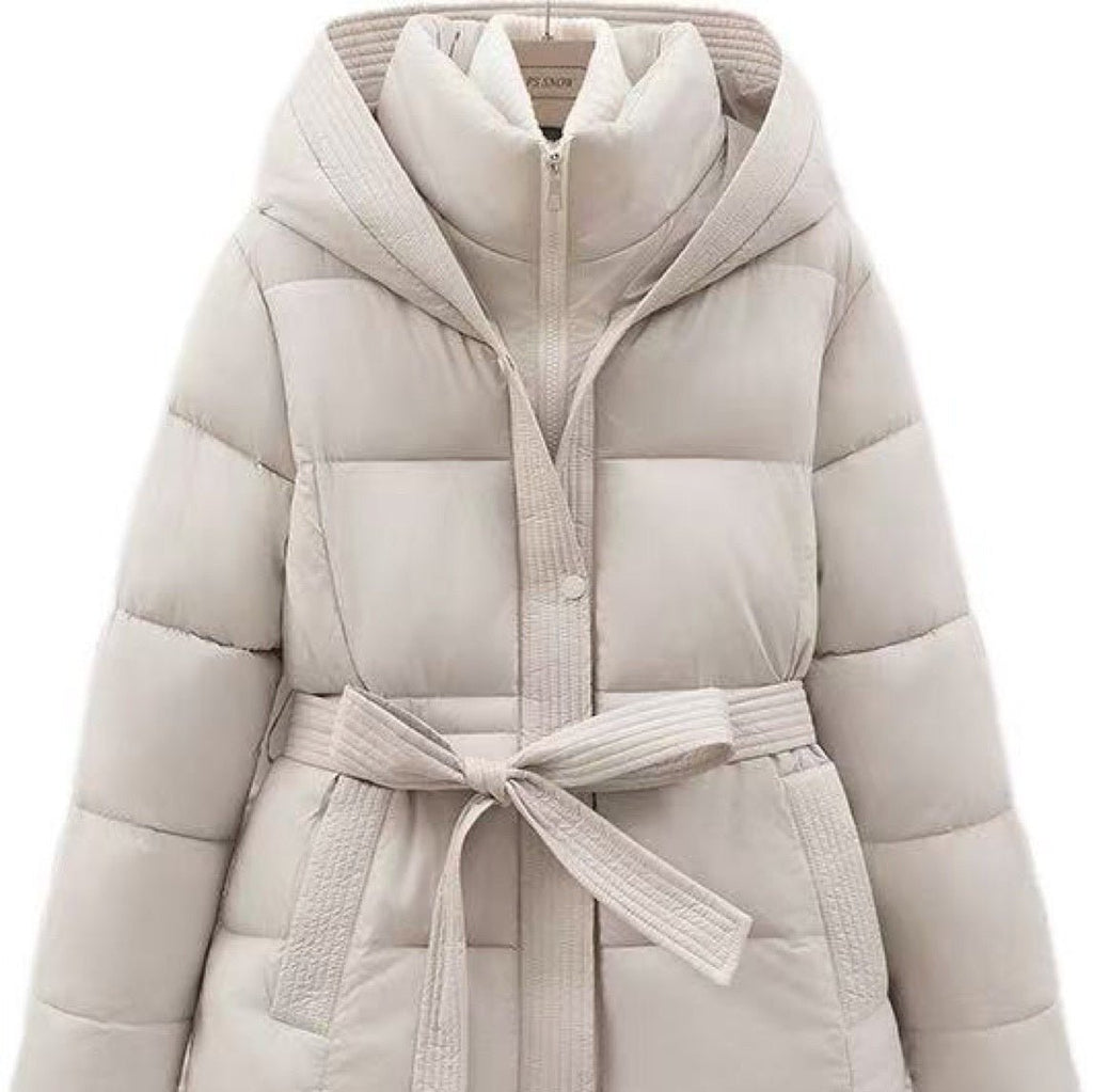 Women's Short Waist - cinching Slim - fit Hooded Tie - front Warm Coat - L'atelier D'or