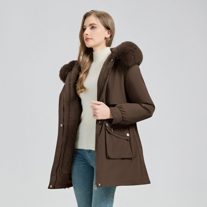Women's Winter Fur - Lined Hooded Parka Coat Mid Length Down - L'atelier D'or